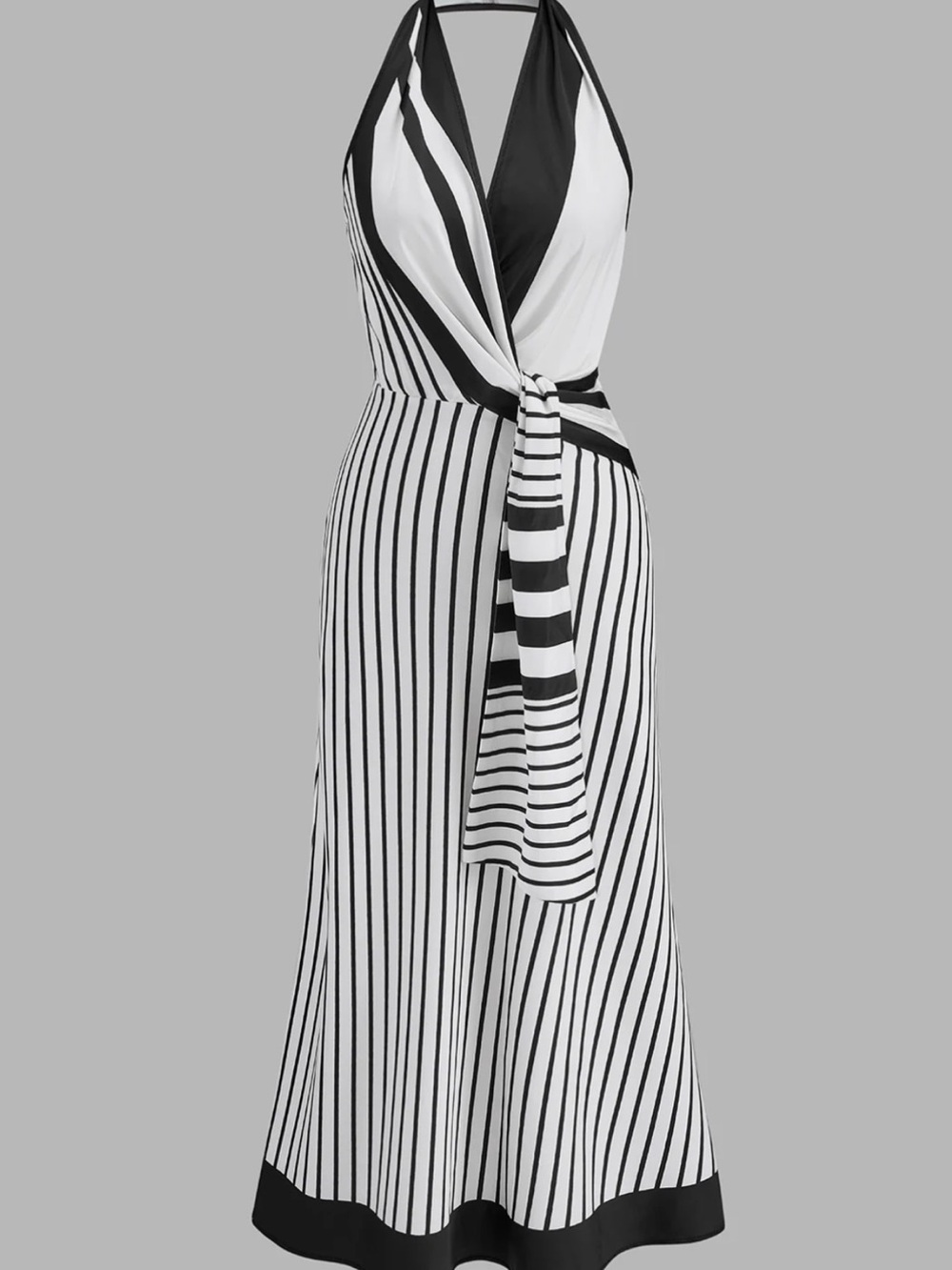 Commense Black and White One-Shoulder Striped Midi Dress - Picture 2 of 11
